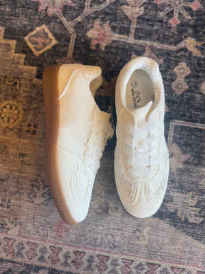 White Sneakers w/ Lace Trim Detail