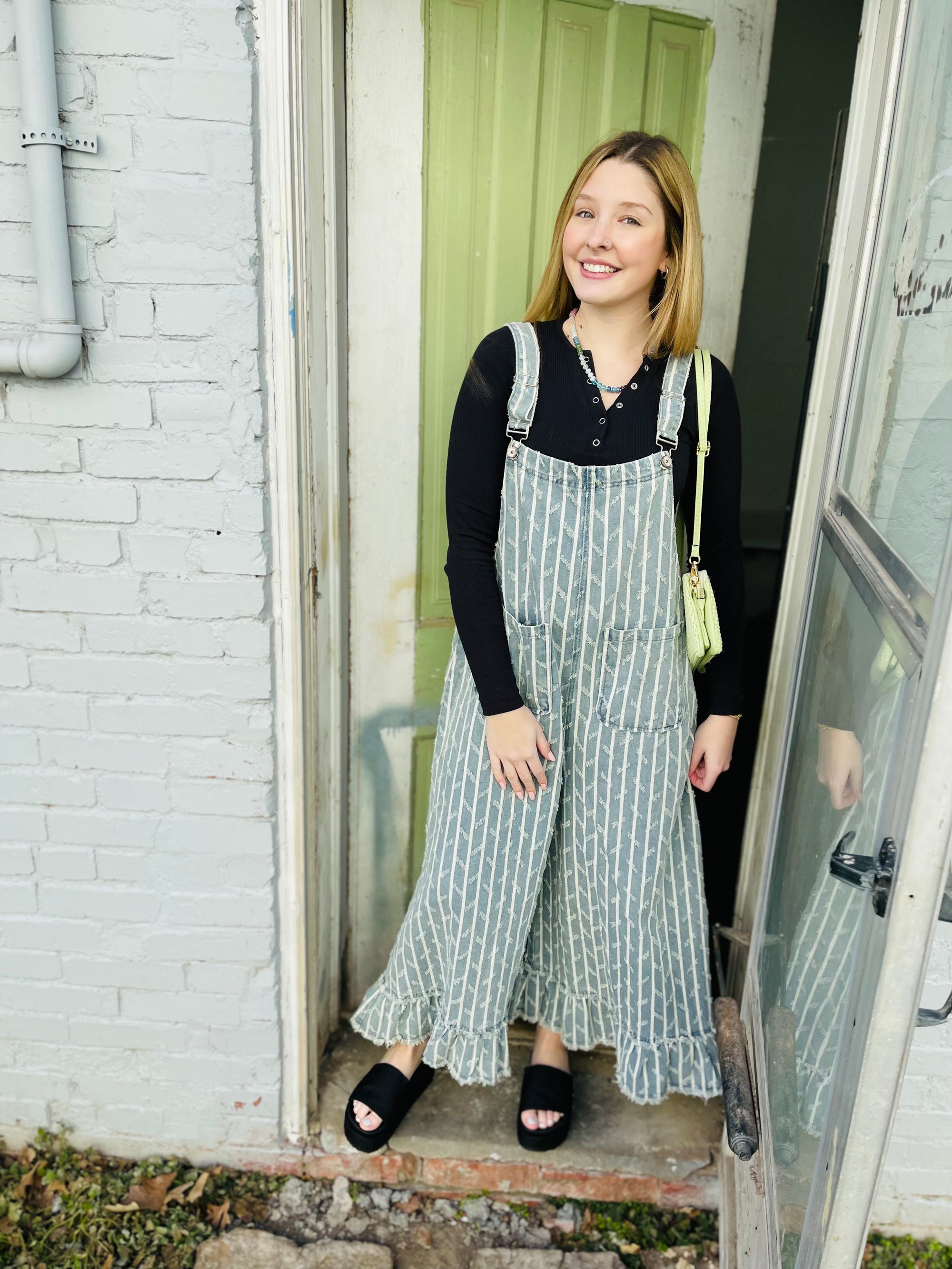 Denim Ruffled + Striped Embroidered Overalls