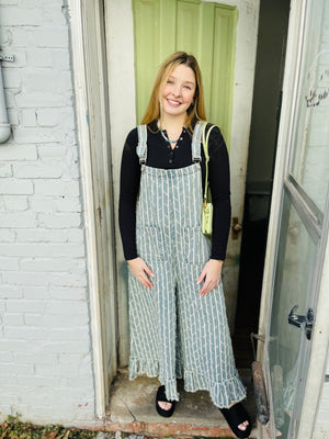 Denim Ruffled + Striped Embroidered Overalls