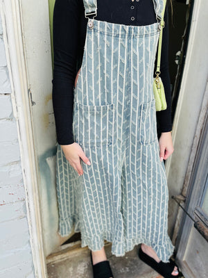 Denim Ruffled + Striped Embroidered Overalls