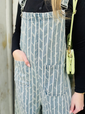 Denim Ruffled + Striped Embroidered Overalls