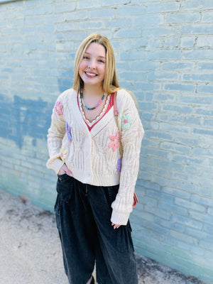 Cream Button Front Cardigan w/ Floral Applique