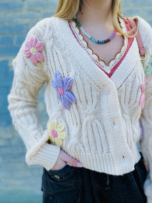 Cream Button Front Cardigan w/ Floral Applique