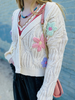 Cream Button Front Cardigan w/ Floral Applique