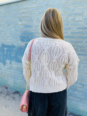 Cream Button Front Cardigan w/ Floral Applique