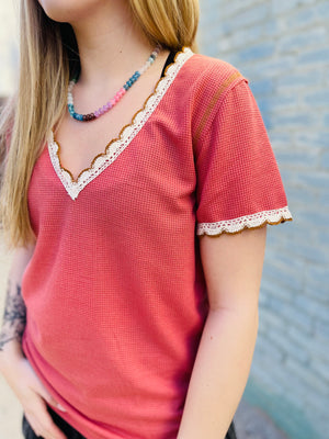 Rose Lace Trim V-Neck Short Sleeve Knit Top