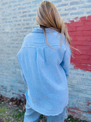 Sky Blue Mineral Wash Gauze Button Front Shirt