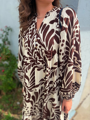 Very J Brown Tropical Leaf Print Midi Dress