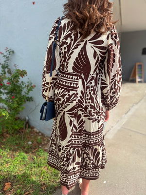 Very J Brown Tropical Leaf Print Midi Dress