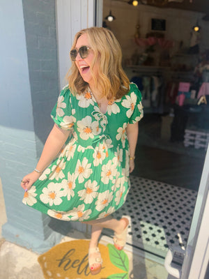 She & Sky Green Floral Puff Sleeve Baby Doll Dress