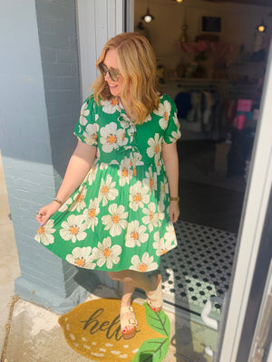 She & Sky Green Floral Puff Sleeve Baby Doll Dress