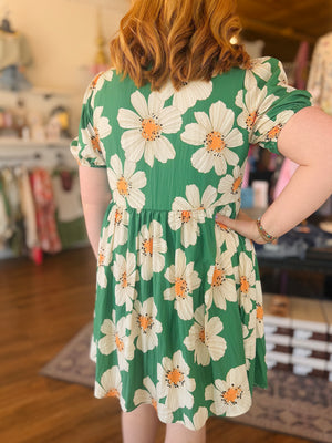 She & Sky Green Floral Puff Sleeve Baby Doll Dress
