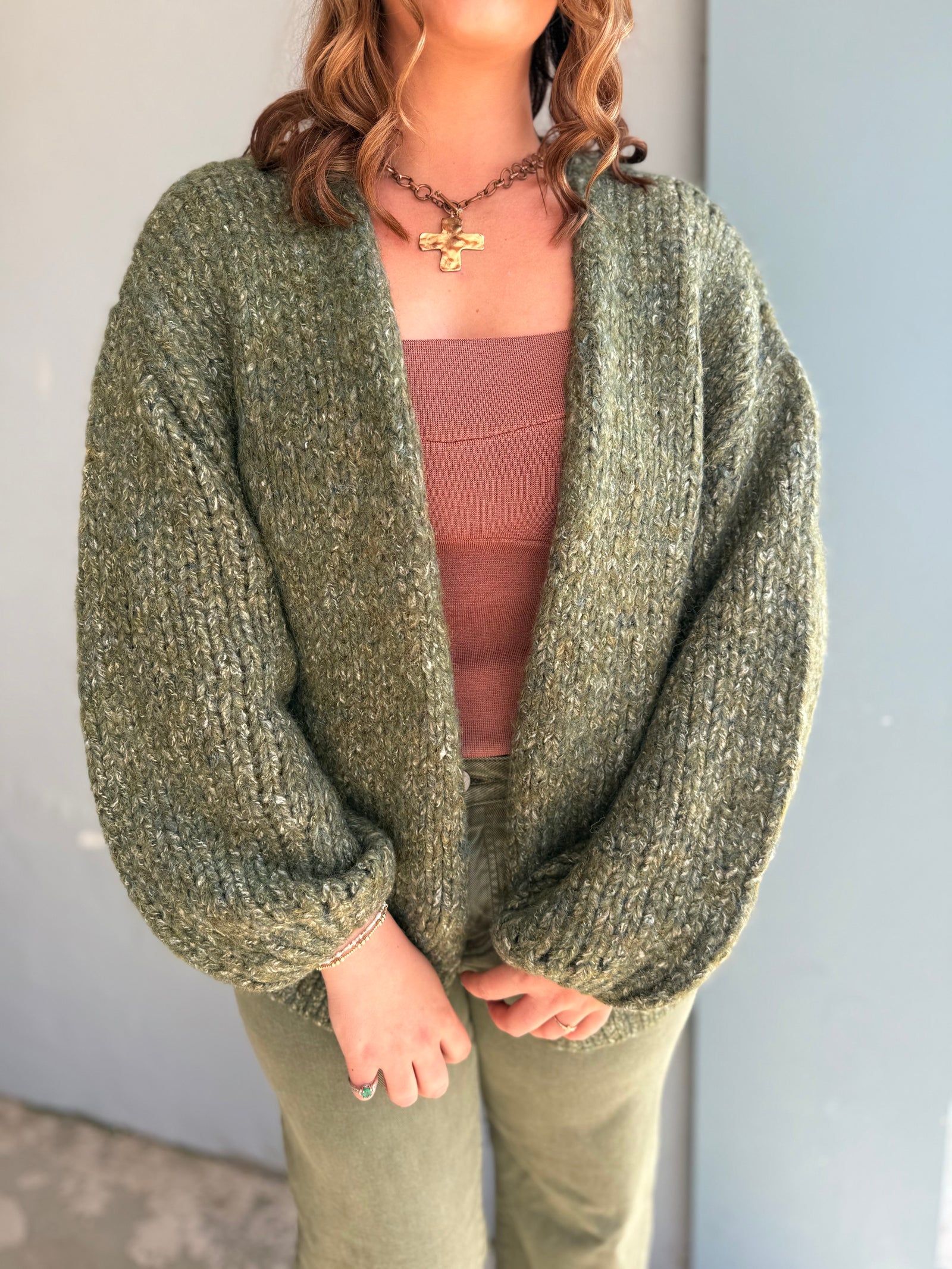 Listicle Olive Balloon Sleeve Knit Cardigan
