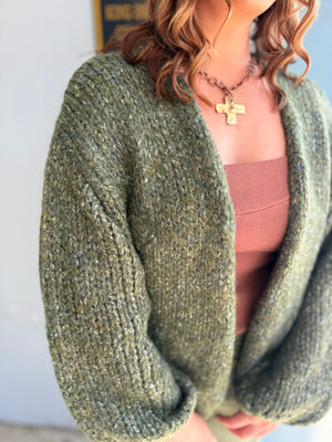 Listicle Olive Balloon Sleeve Knit Cardigan