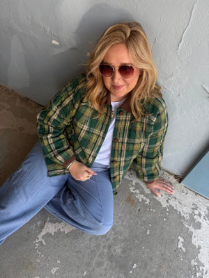 Staccato Green Plaid Jacket w/ Corduroy Buttons