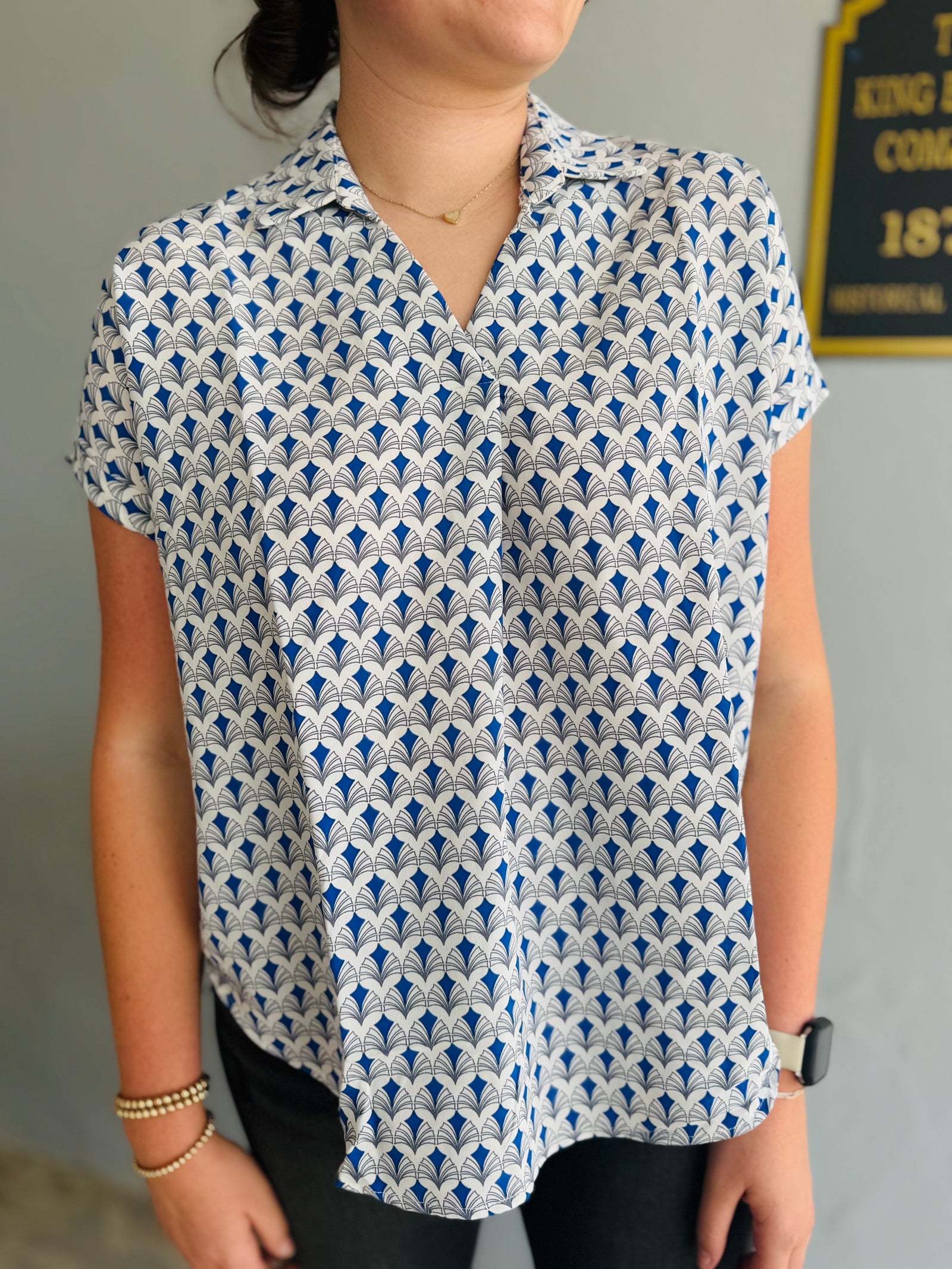 She & Sky Blue Printed Collared Top