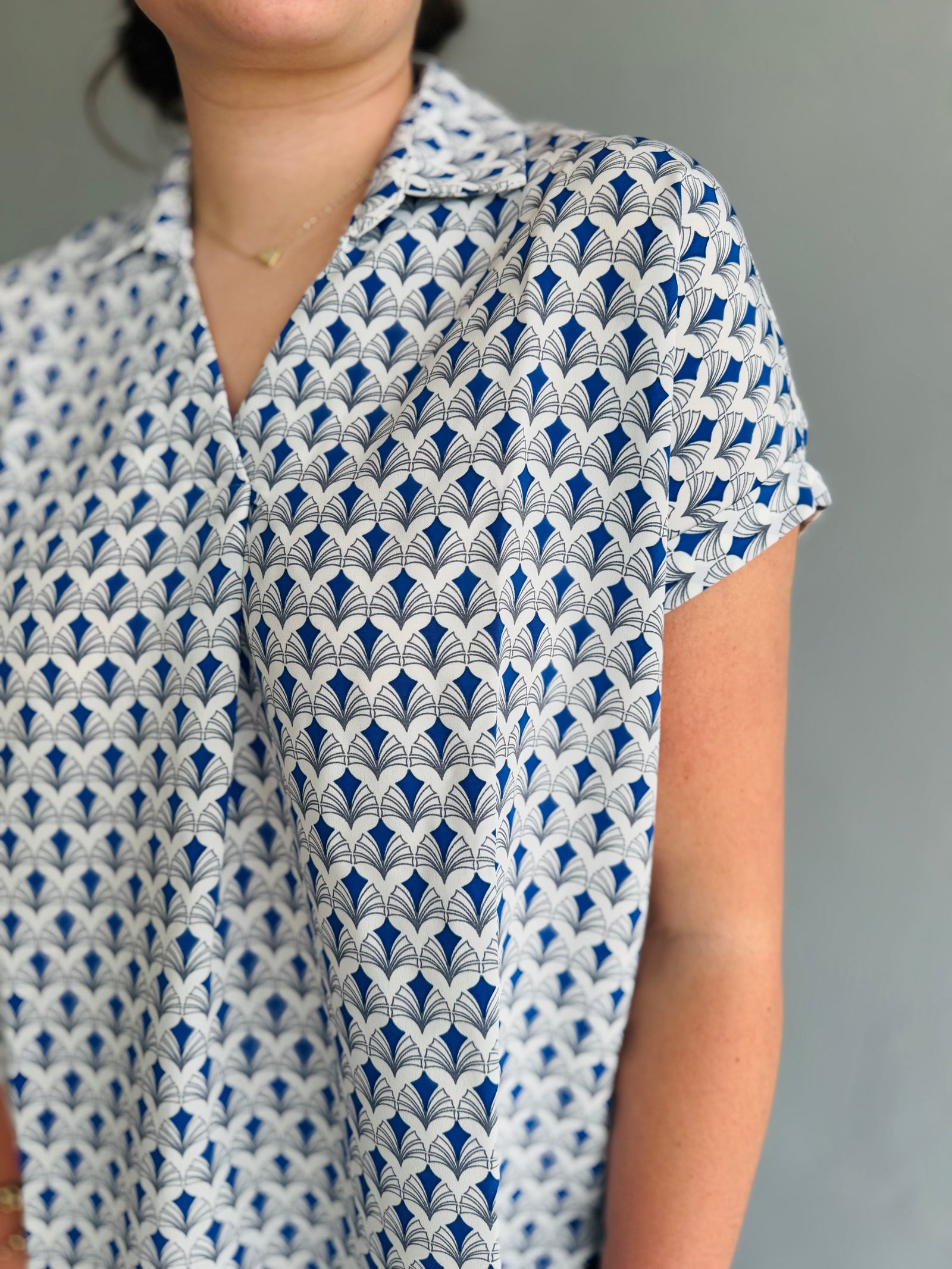 She & Sky Blue Printed Collared Top
