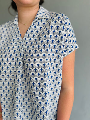 She & Sky Blue Printed Collared Top