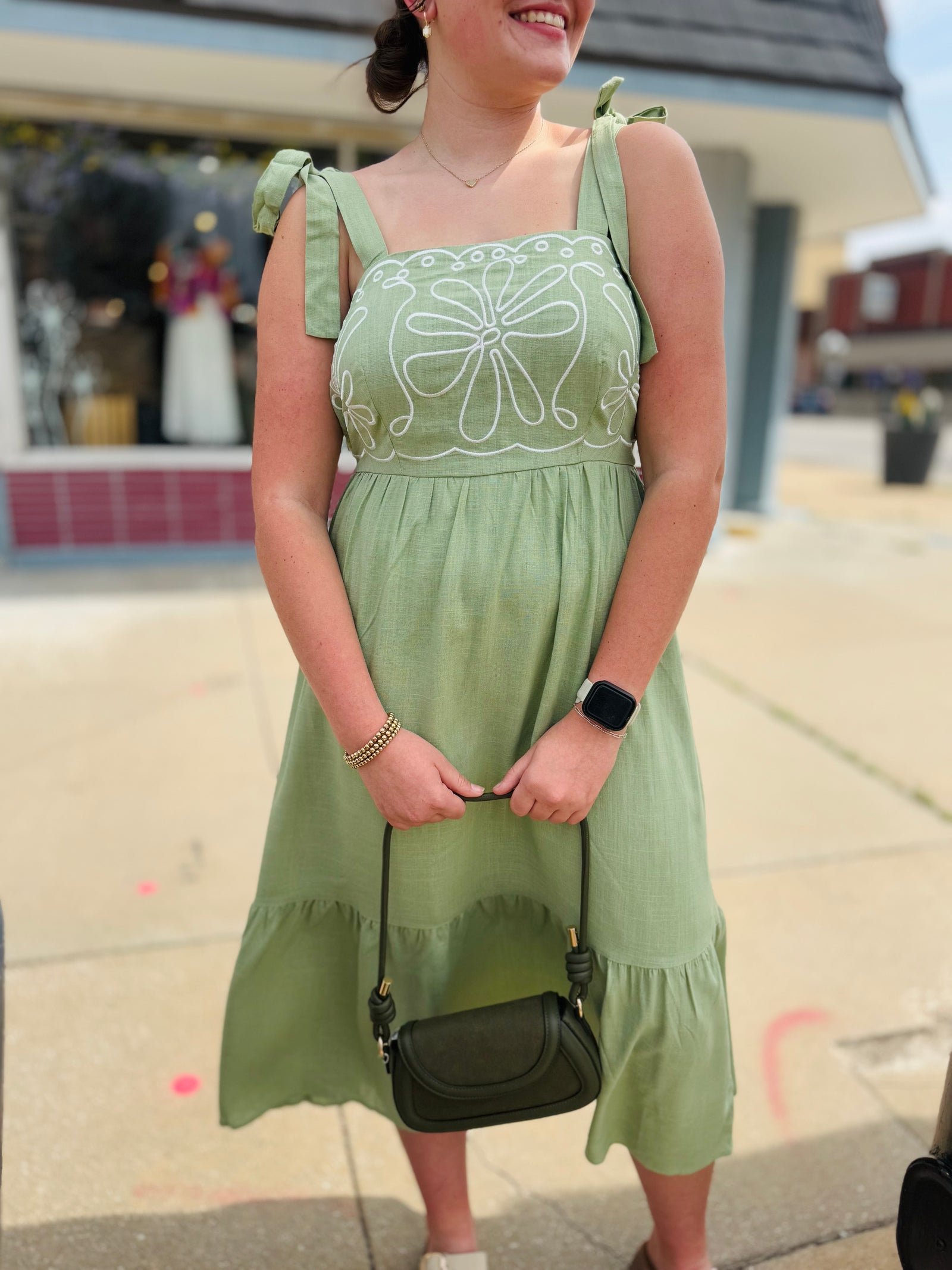 Very J Sage Embroidered Top Midi Dress w/ Tie Straps
