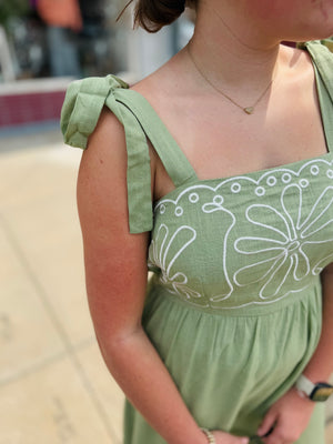 Very J Sage Embroidered Top Midi Dress w/ Tie Straps