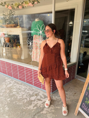 Very J Mocha Polka Dot Ruffled Mini Dress