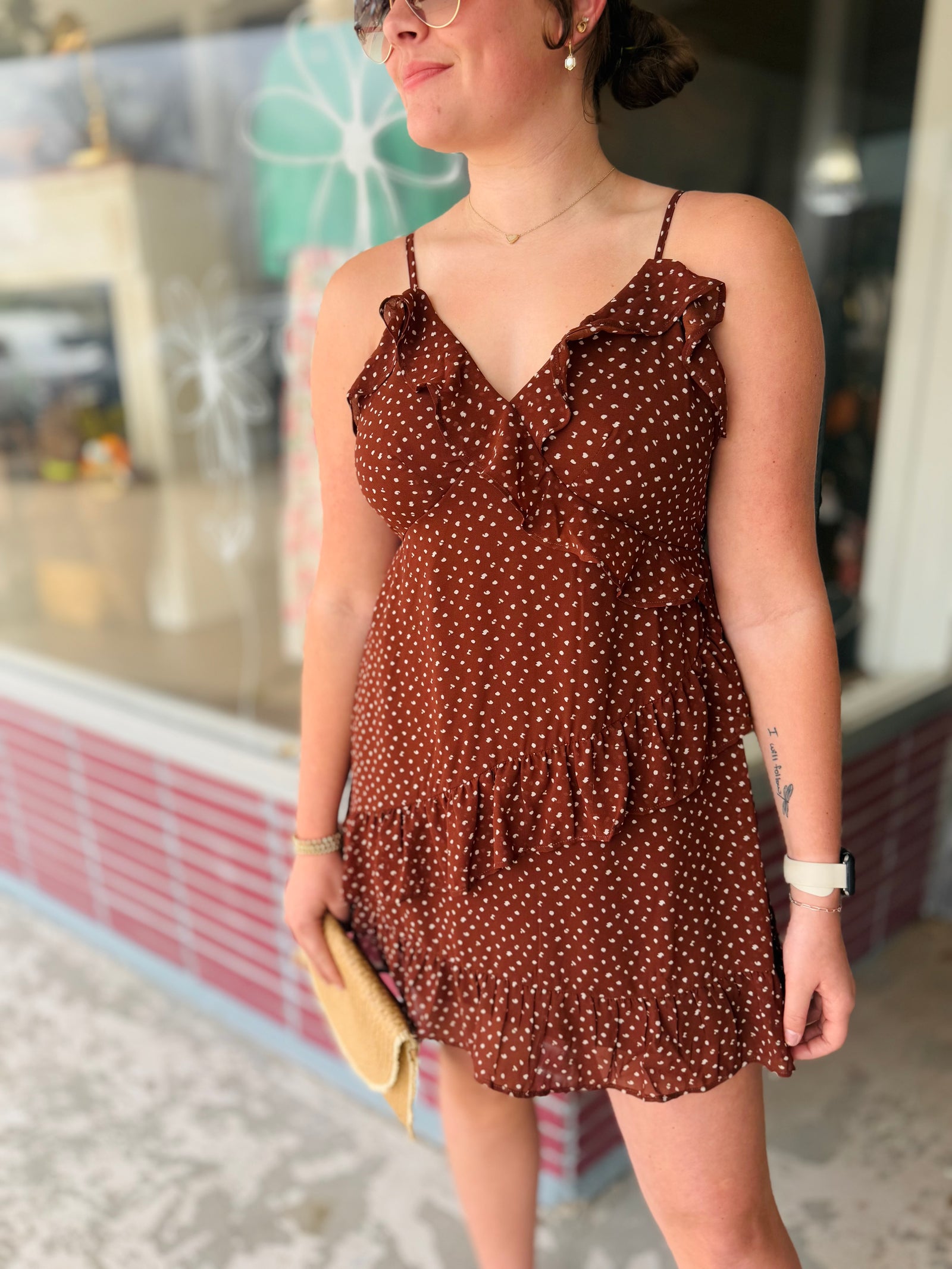 Very J Mocha Polka Dot Ruffled Mini Dress
