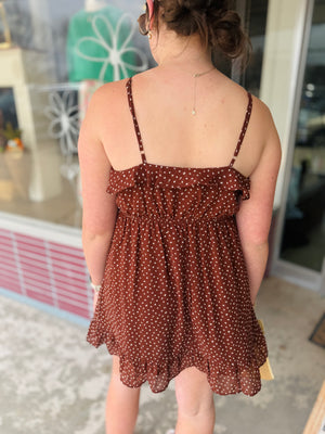 Very J Mocha Polka Dot Ruffled Mini Dress