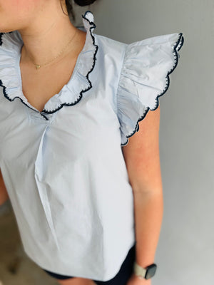 She & Sky Light Blue Ruffle Sleeve Top
