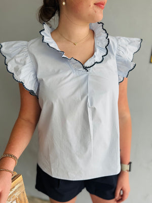 She & Sky Light Blue Ruffle Sleeve Top