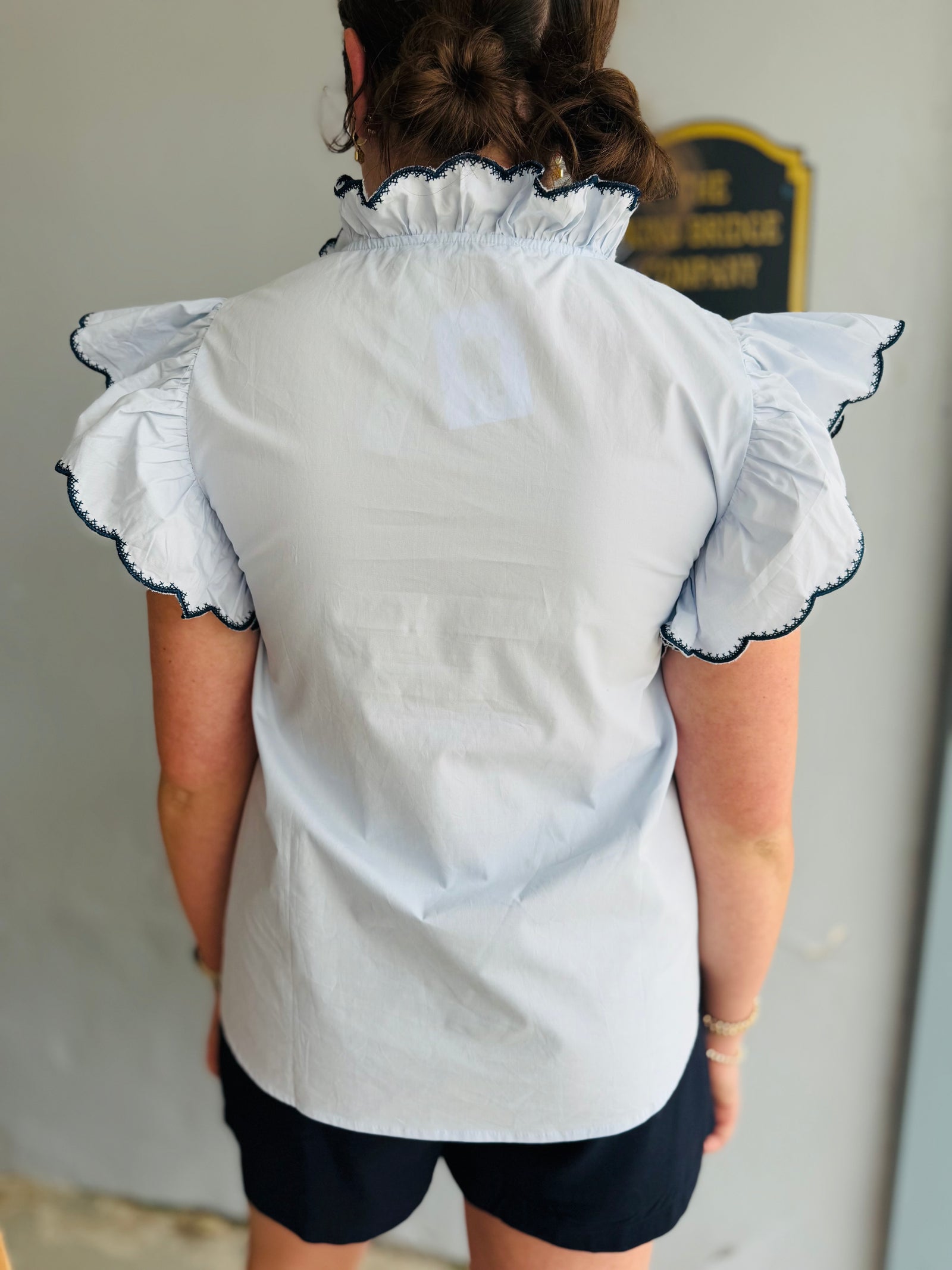 She & Sky Light Blue Ruffle Sleeve Top
