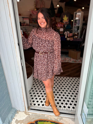 Doe & Rae Brown Floral Ruffled Puff Sleeve Mini Dress
