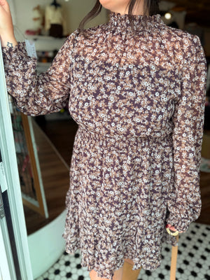 Doe & Rae Brown Floral Ruffled Puff Sleeve Mini Dress