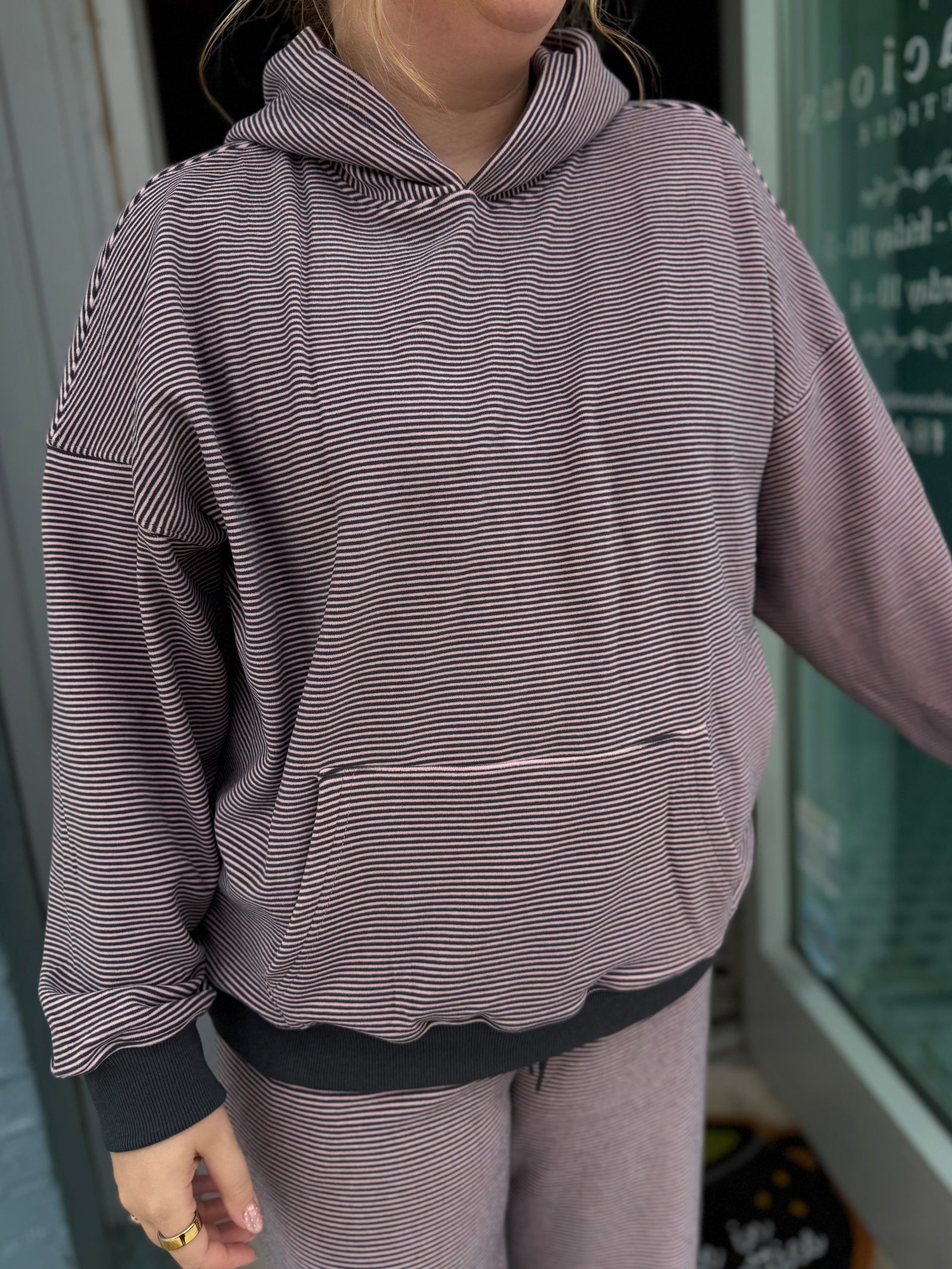 Le Lis Pink + Charcoal Striped Soft Hoodie Top