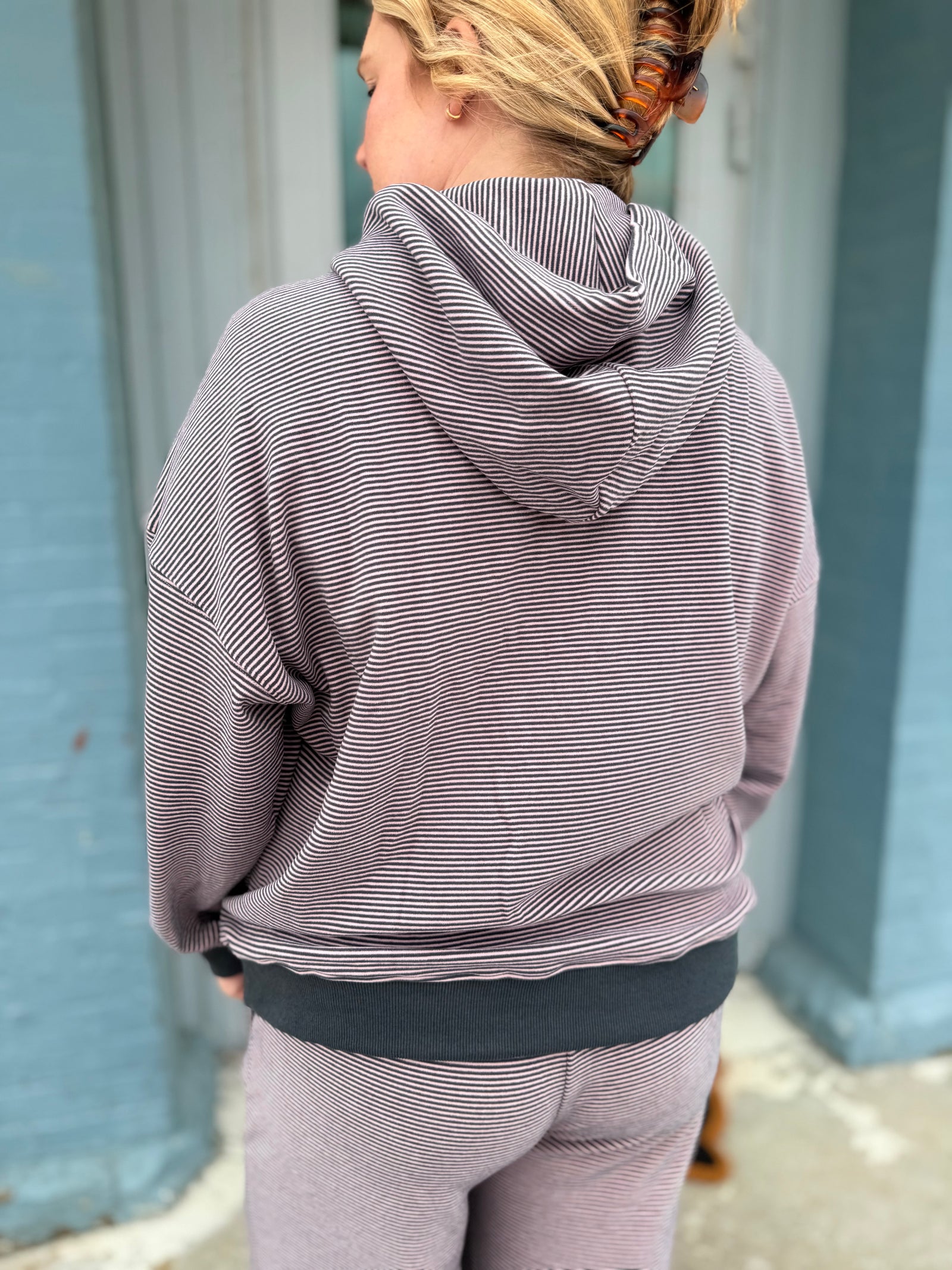 Le Lis Pink + Charcoal Striped Soft Hoodie Top