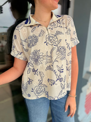 Oddi Printed Lace Short Sleeve Polo Top