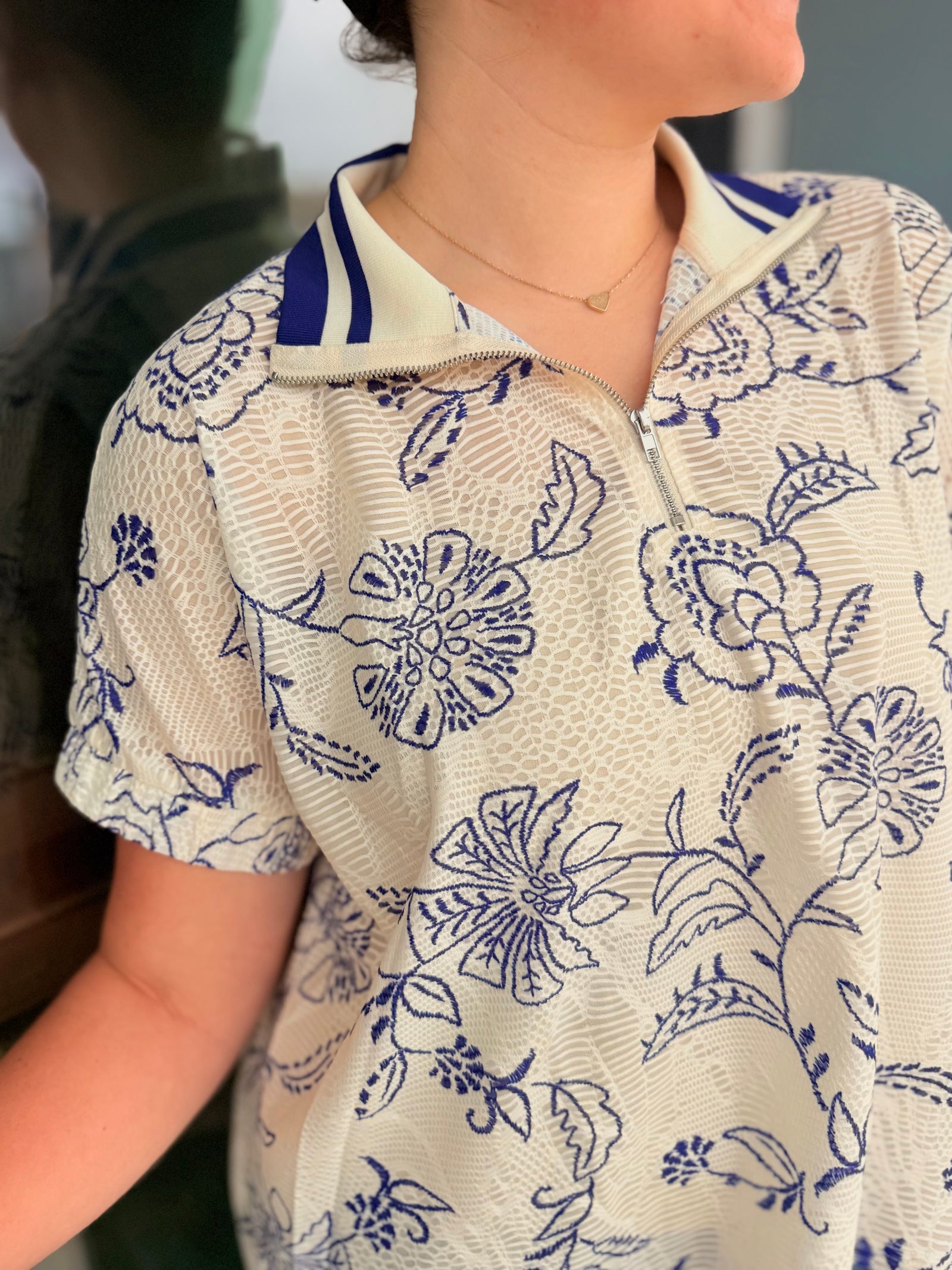 Oddi Printed Lace Short Sleeve Polo Top