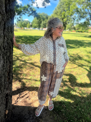 Easel Khaki Long Sleeve Floral Print Shirt w/ Crochet Detail