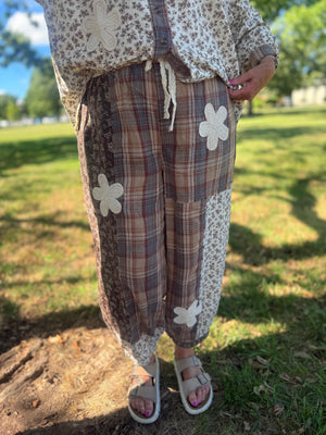 Easel Mocha Plaid + Floral Mix Mineral Wash Joggers