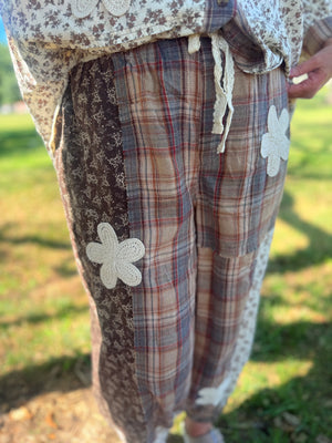 Easel Mocha Plaid + Floral Mix Mineral Wash Joggers