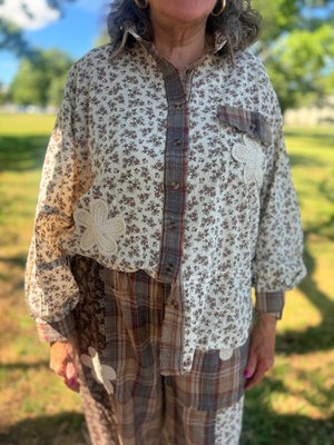 Easel Khaki Long Sleeve Floral Print Shirt w/ Crochet Detail