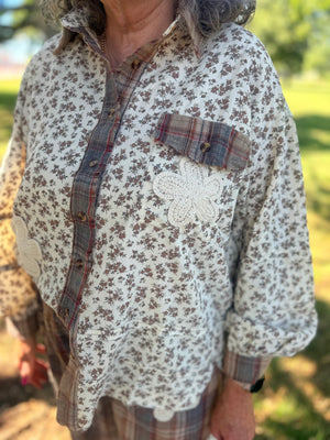 Easel Khaki Long Sleeve Floral Print Shirt w/ Crochet Detail