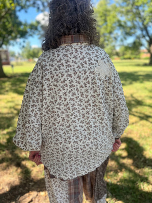 Easel Khaki Long Sleeve Floral Print Shirt w/ Crochet Detail