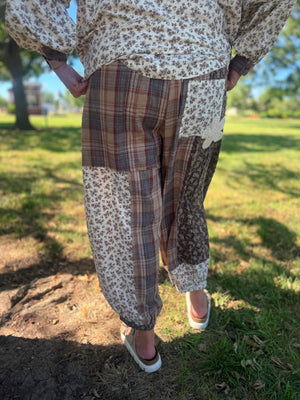 Easel Mocha Plaid + Floral Mix Mineral Wash Joggers