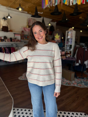 Staccato Oatmeal Dotted Stripe Fuzzy Sweater