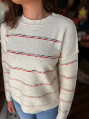 Staccato Oatmeal Dotted Stripe Fuzzy Sweater