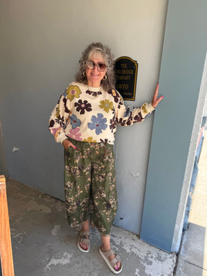 Easel Khaki Multi Color Floral Print Mineral Sweatshirt