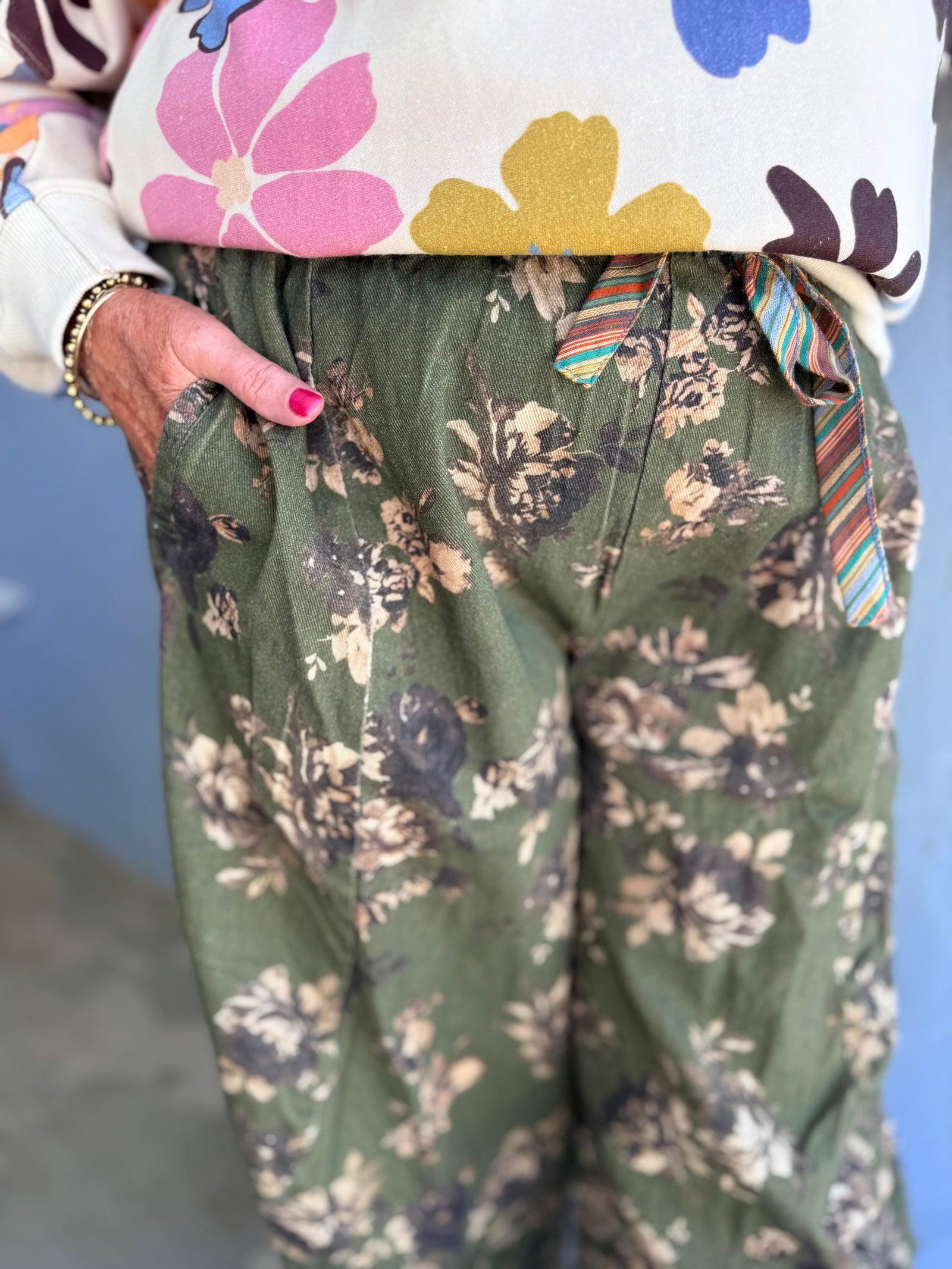Easel Olive Denim Floral Mineral Wash Barrels