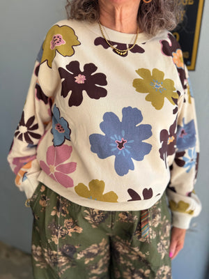Easel Khaki Multi Color Floral Print Mineral Sweatshirt