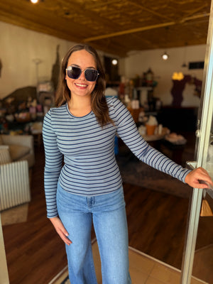Le Lis Navy Blue Stripe Round Neck Fitted Knit Top