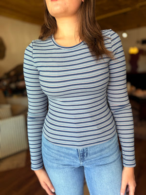 Le Lis Navy Blue Stripe Round Neck Fitted Knit Top